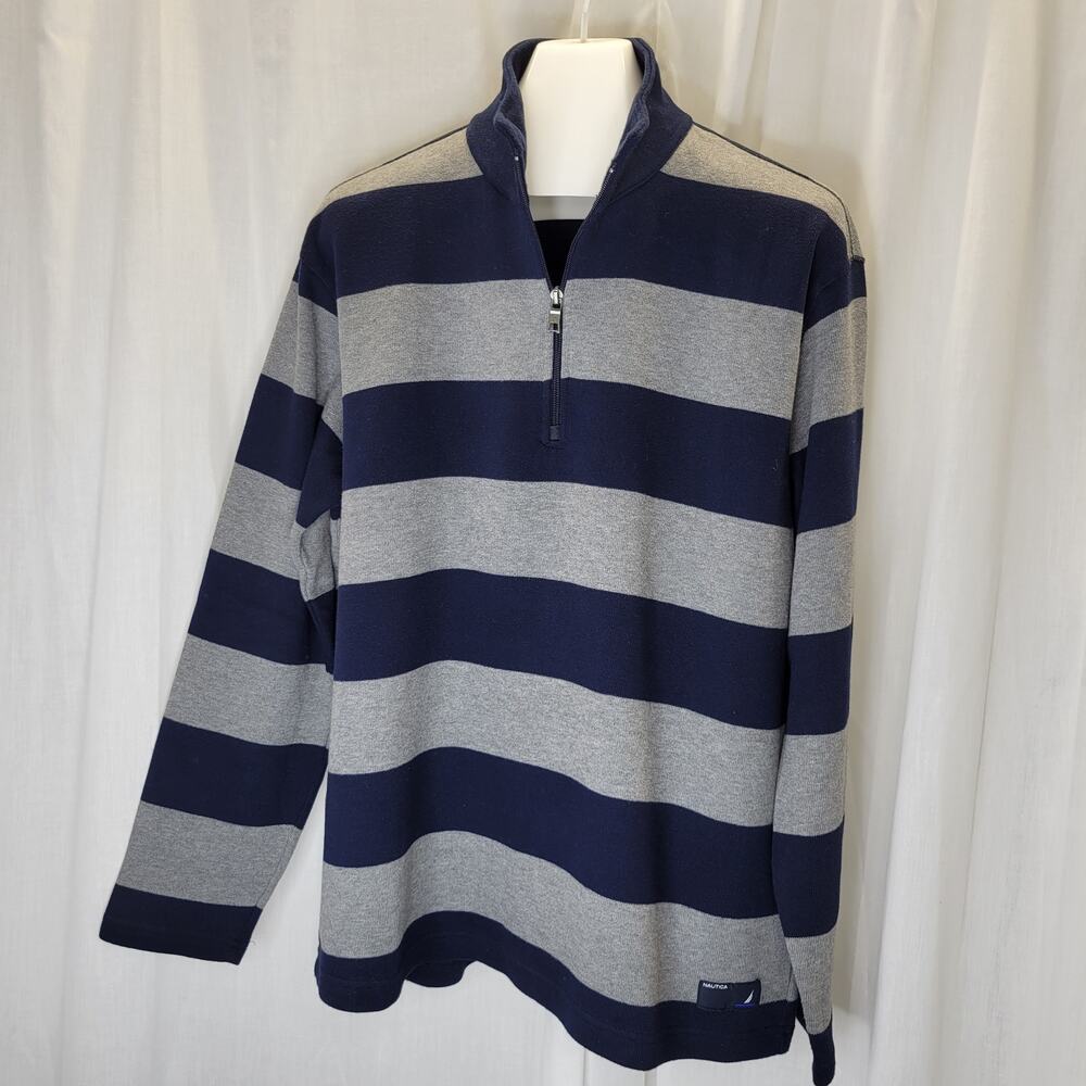 Nautica Navy and Gray 1/4 Zip Cotton Sweater Pullover, L